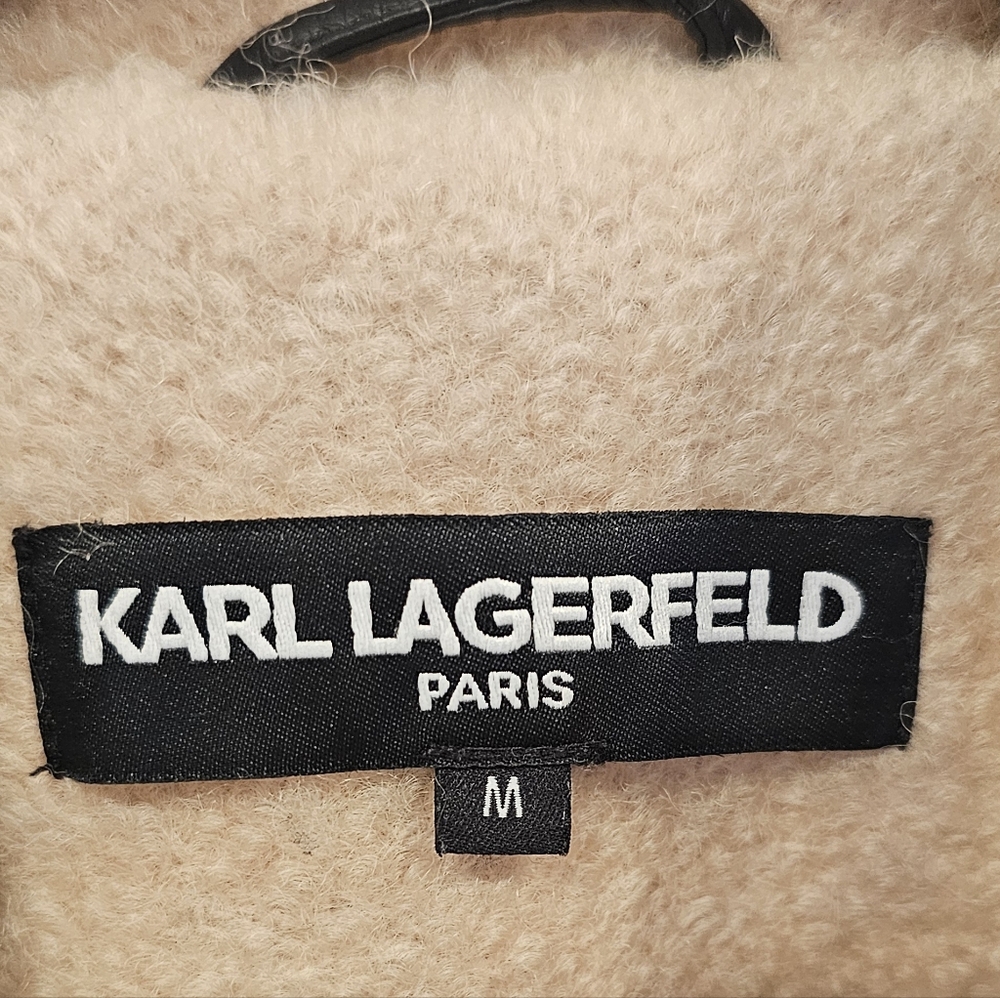 Karl Lagerfeld Womens Cream Wool Blend Coat With Leather Trim - Size M - Picture 12 of 13